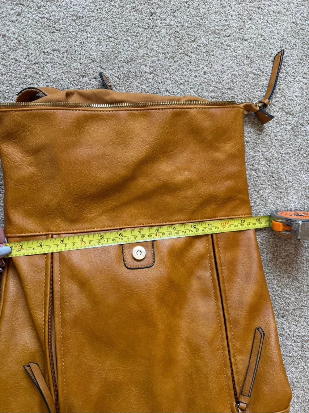 Camel Faux Leather Fold-Over Backpack/ Convertible Laptop Travel Bag.